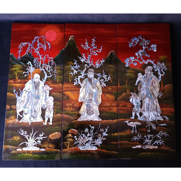VTG Antique Old Rare 3 Chinese Rosewood Inlay Landscape Asian Wall Art Painting